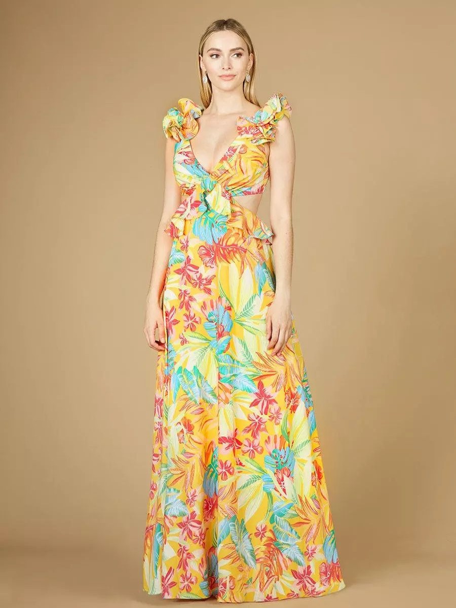 Dresses * | Lara 29270 V-Neck Long Print Gown With Ruffled Straps Yellow Print