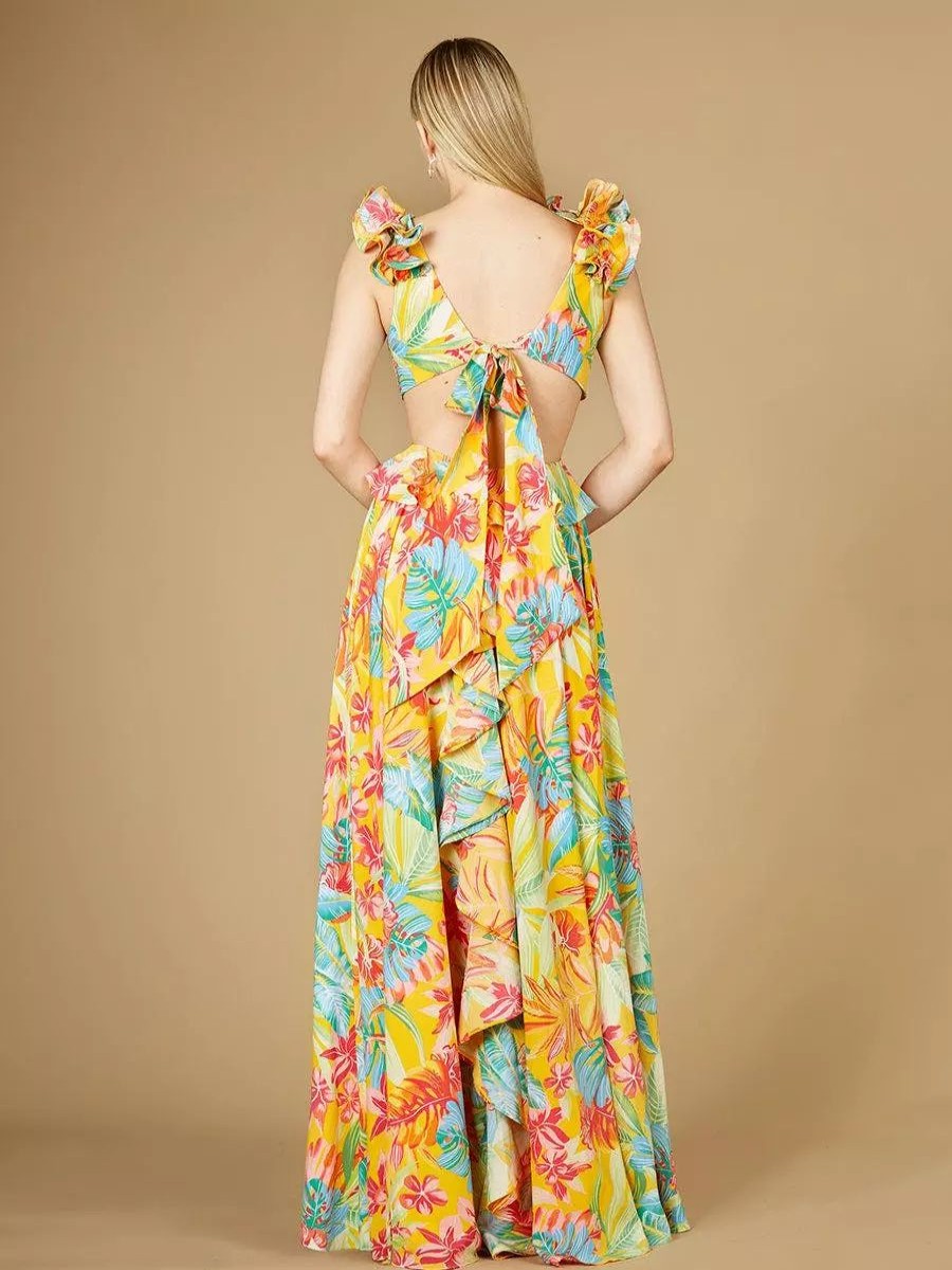 Dresses * | Lara 29270 V-Neck Long Print Gown With Ruffled Straps Yellow Print