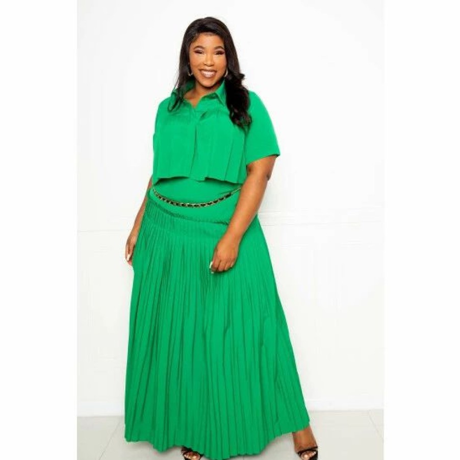 Skirts * | Buxom Couture Pleated Cropped Top And Skirt Set Skirts Green