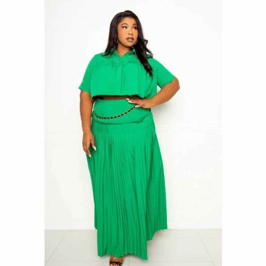 Skirts * | Buxom Couture Pleated Cropped Top And Skirt Set Skirts Green