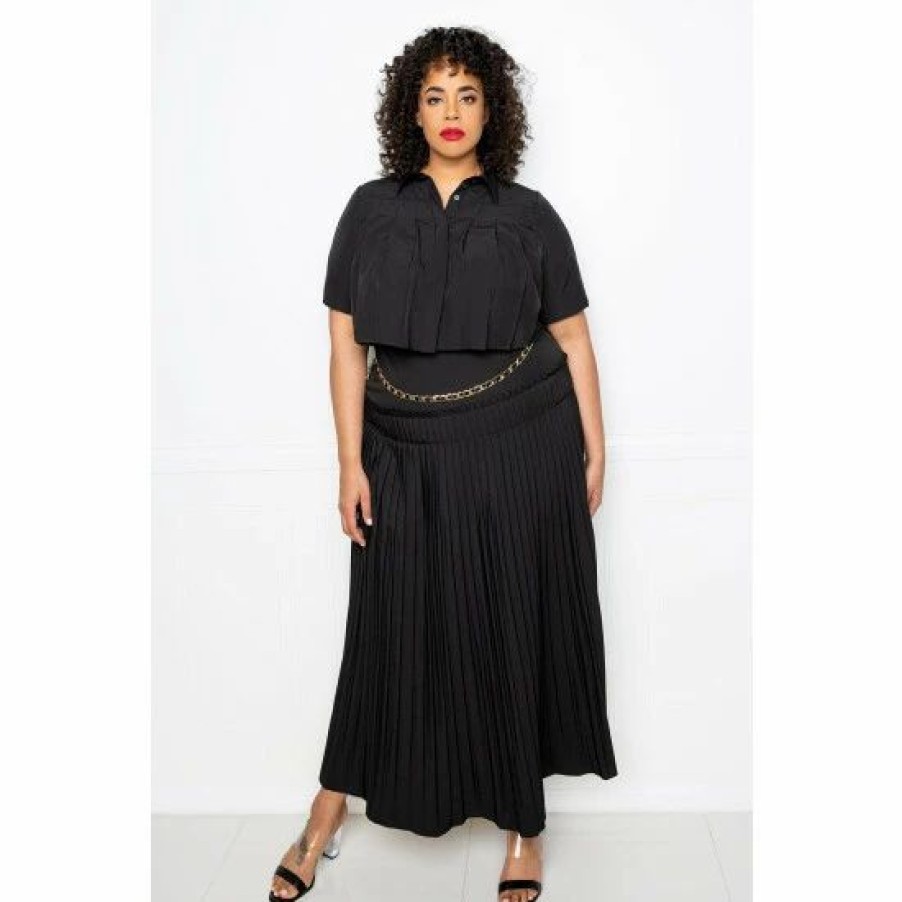 Skirts * | Buxom Couture Pleated Cropped Top And Skirt Set Skirts Black