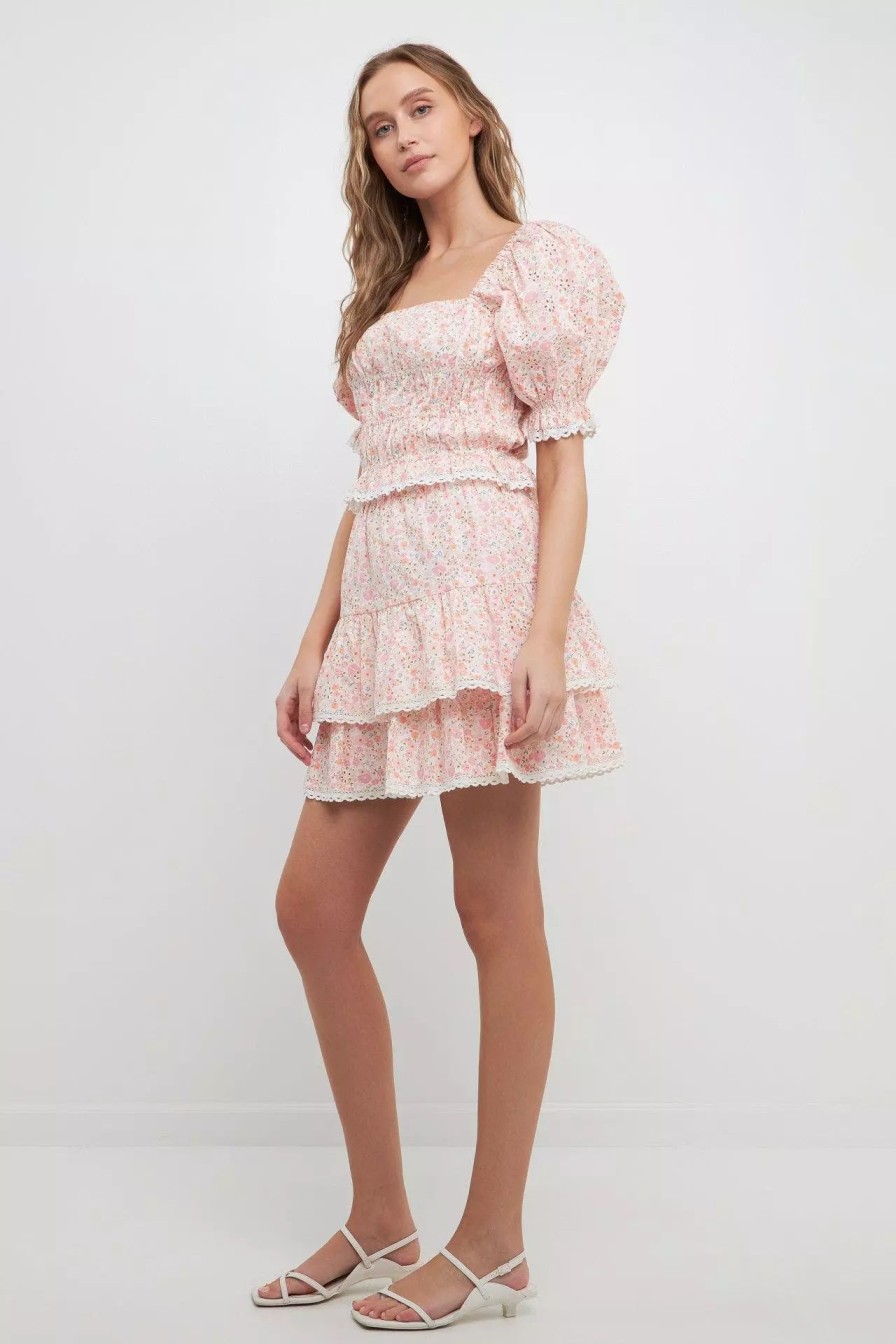 Skirts * | Free The Roses The Roses Floral Eyelet Ruffled Mini Skirt Pink Multi