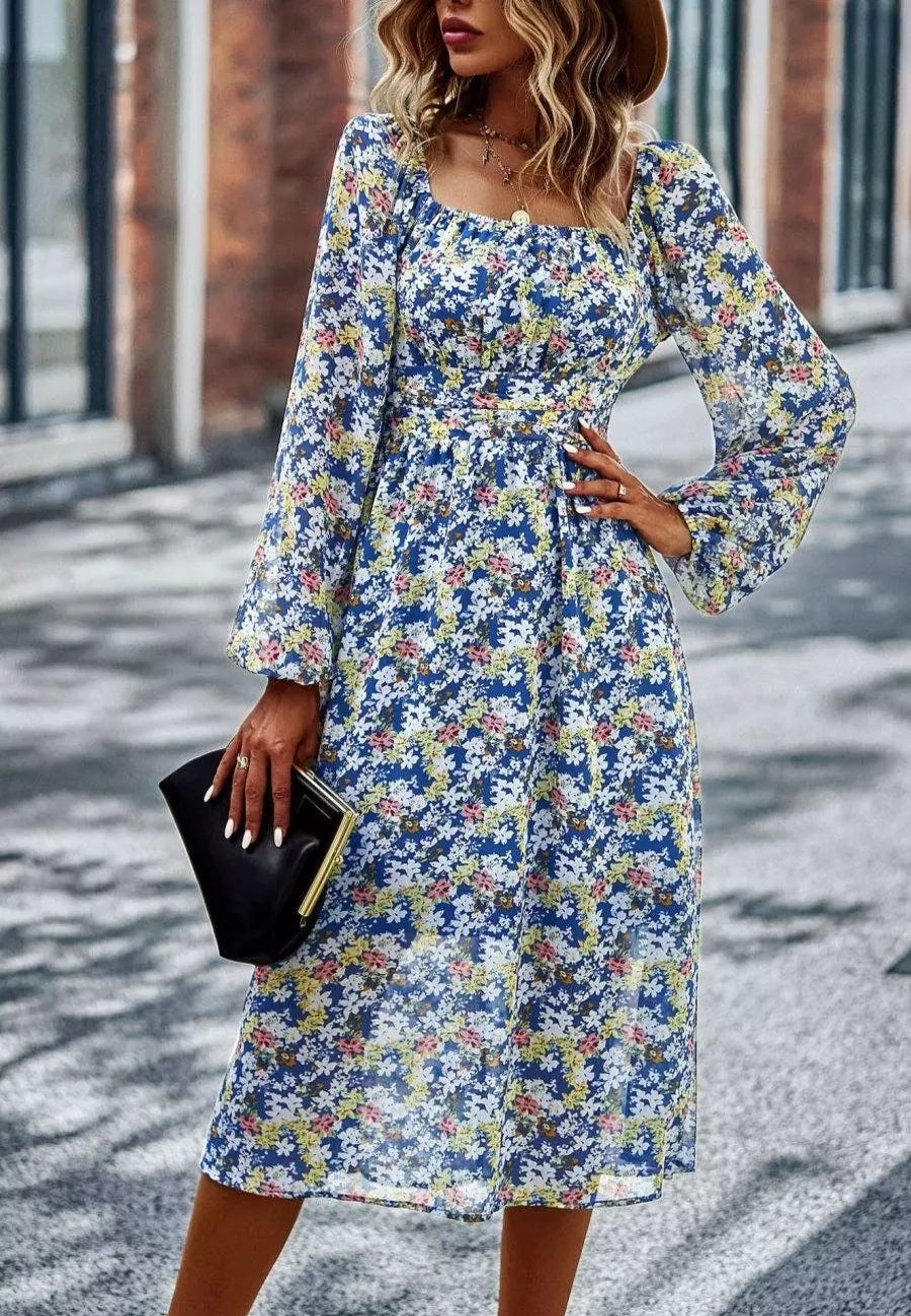 Dresses * | Anna-Kaci Square Neck Printed Flowy Dress