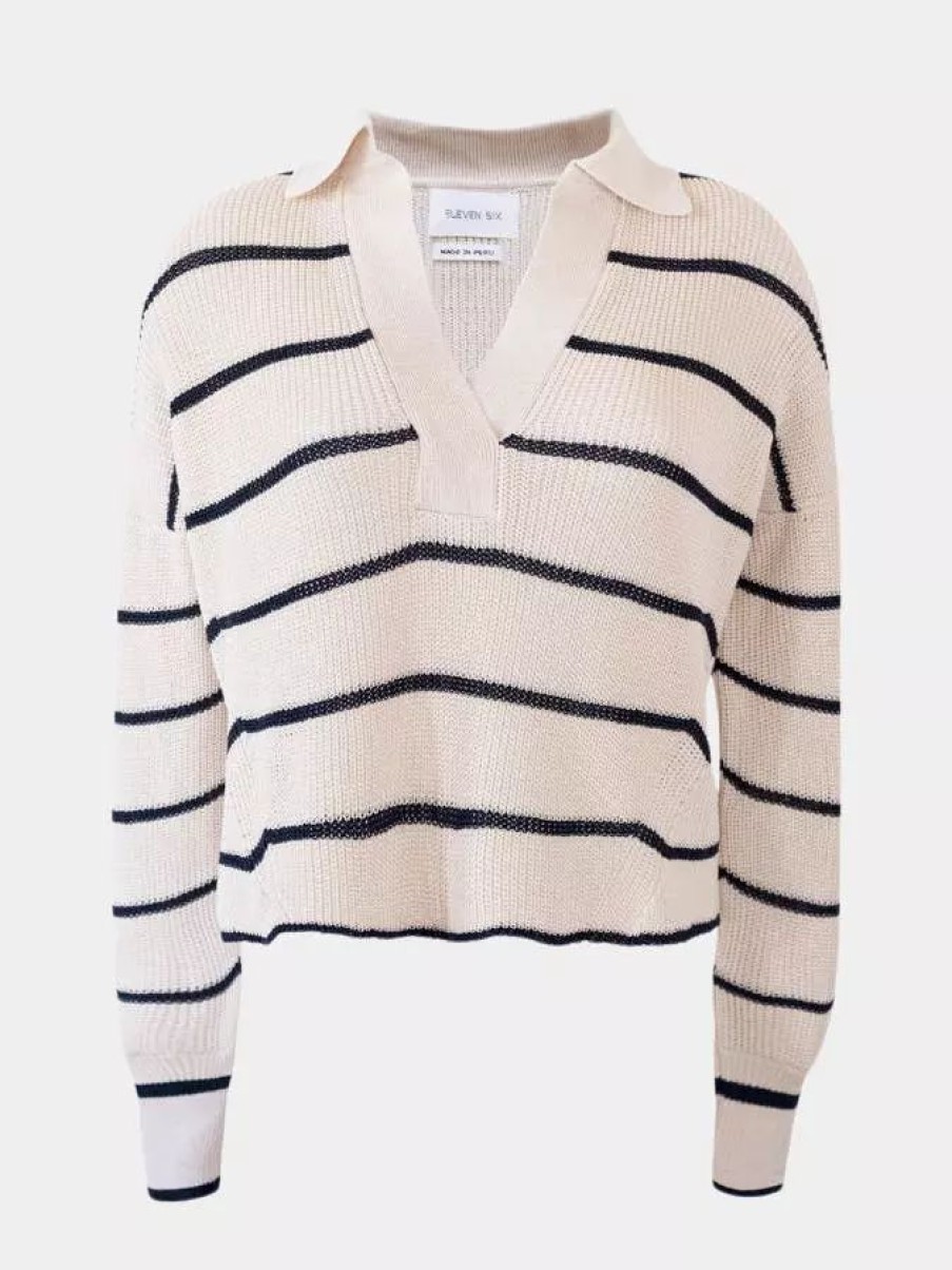 Sweatshirts & Sweaters * | Eleven Six Aria Polo Sweater Ivory/Navy Stripe