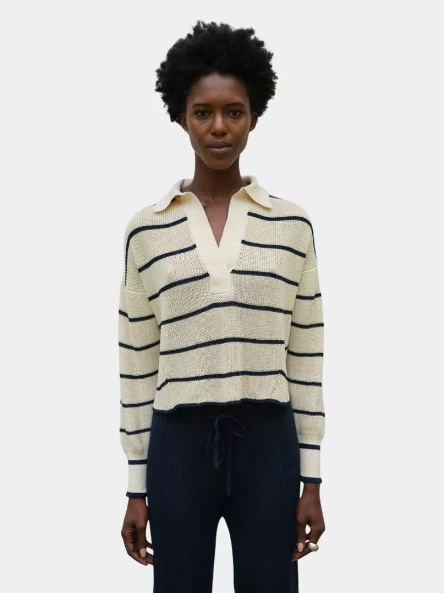 Sweatshirts & Sweaters * | Eleven Six Aria Polo Sweater Ivory/Navy Stripe