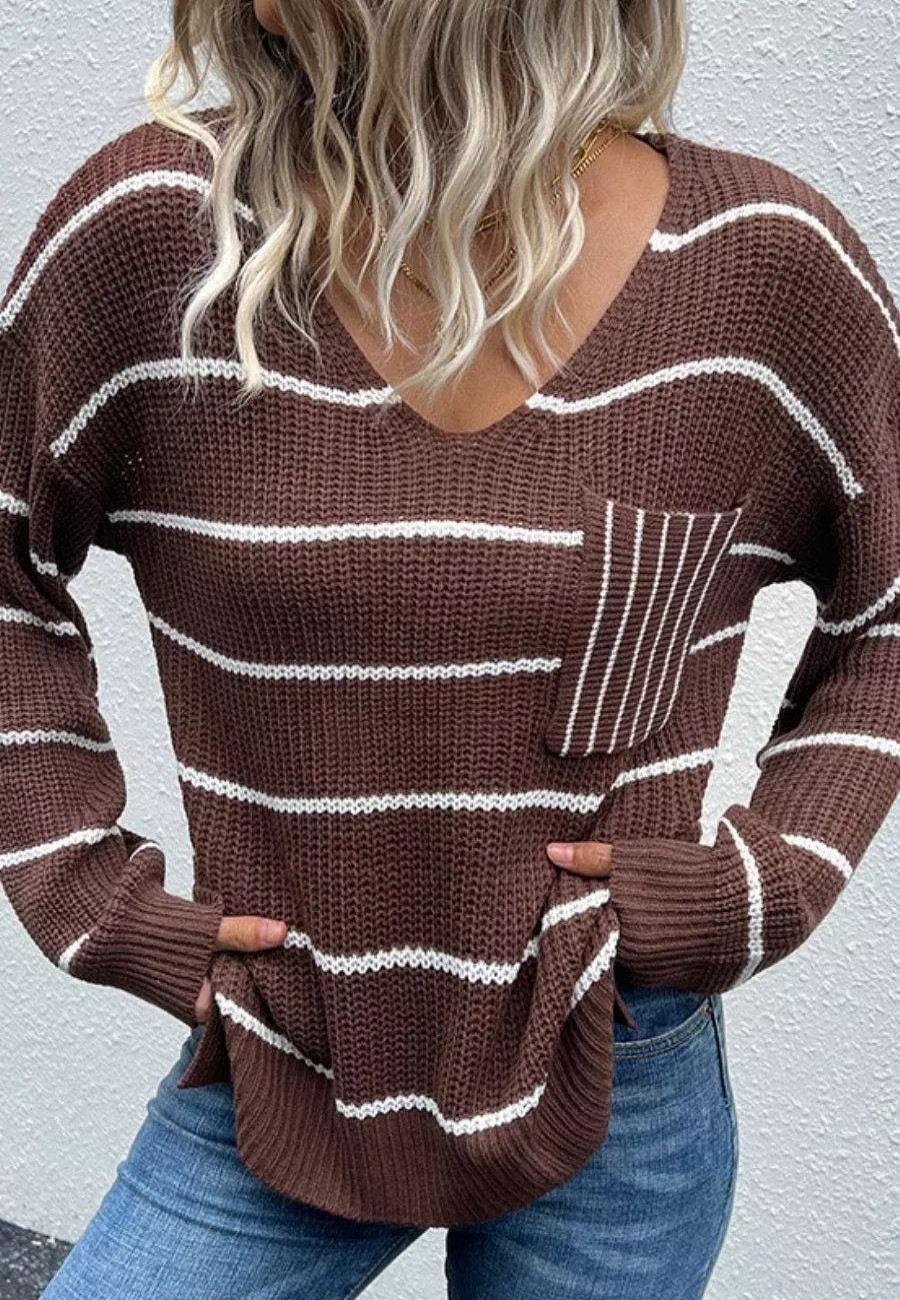 Sweatshirts & Sweaters * | Anna-Kaci V Neck Striped Patch Pocket Sweater Brown