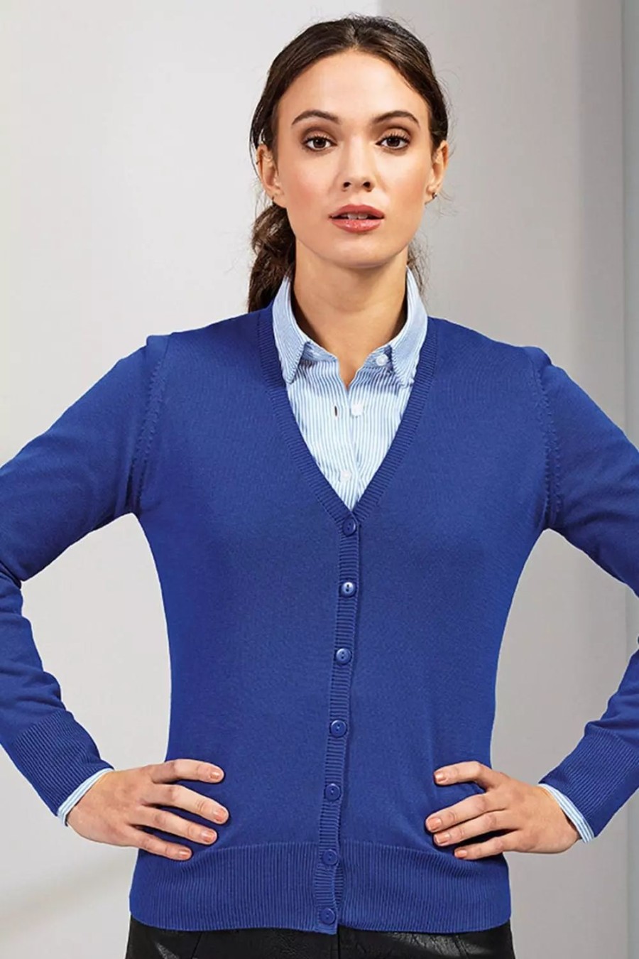 Sweatshirts & Sweaters * | Premier Womens/Ladies Button Through Long Sleeve V-Neck Knitted Cardigan Royal