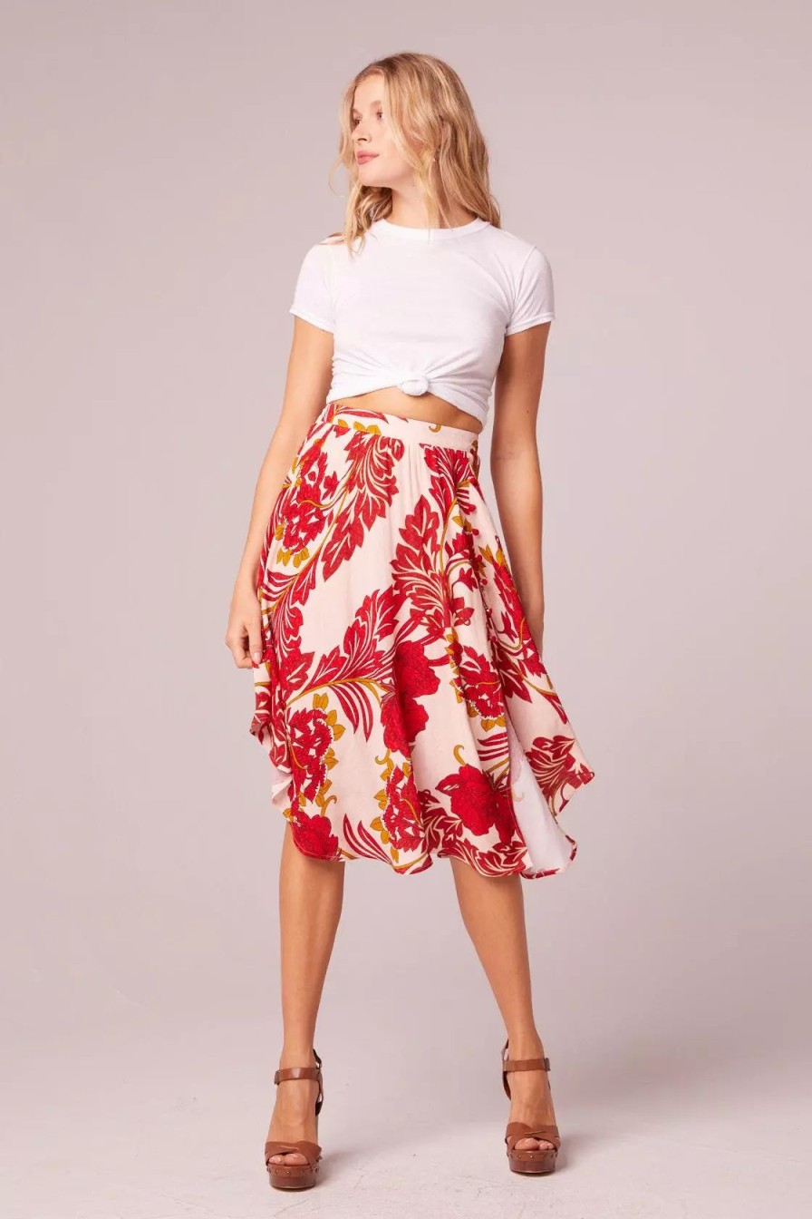 Skirts * | B.O.G. Collective Ne Step Closer Red Floral Knee Length Skirt Peach/Cream/Red