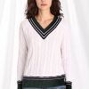 Sweatshirts & Sweaters * | Minnie Rose Cttn Cable V With Striped Trims Sweater