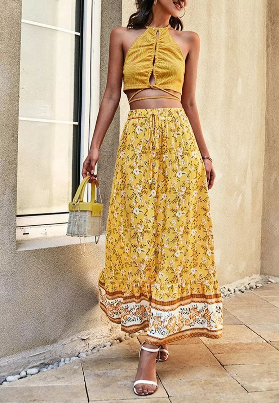 Skirts * | Anna-Kaci Floral Print High Waist Skirt Yellow