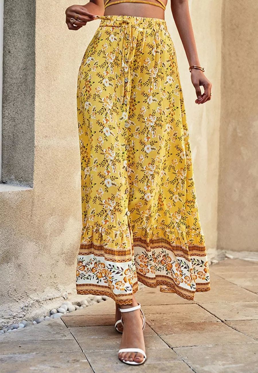 Skirts * | Anna-Kaci Floral Print High Waist Skirt Yellow