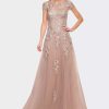 Dresses * | La Femme Gorgeous Lace And Tulle Gown With Full Skirt And Sleeves Blush