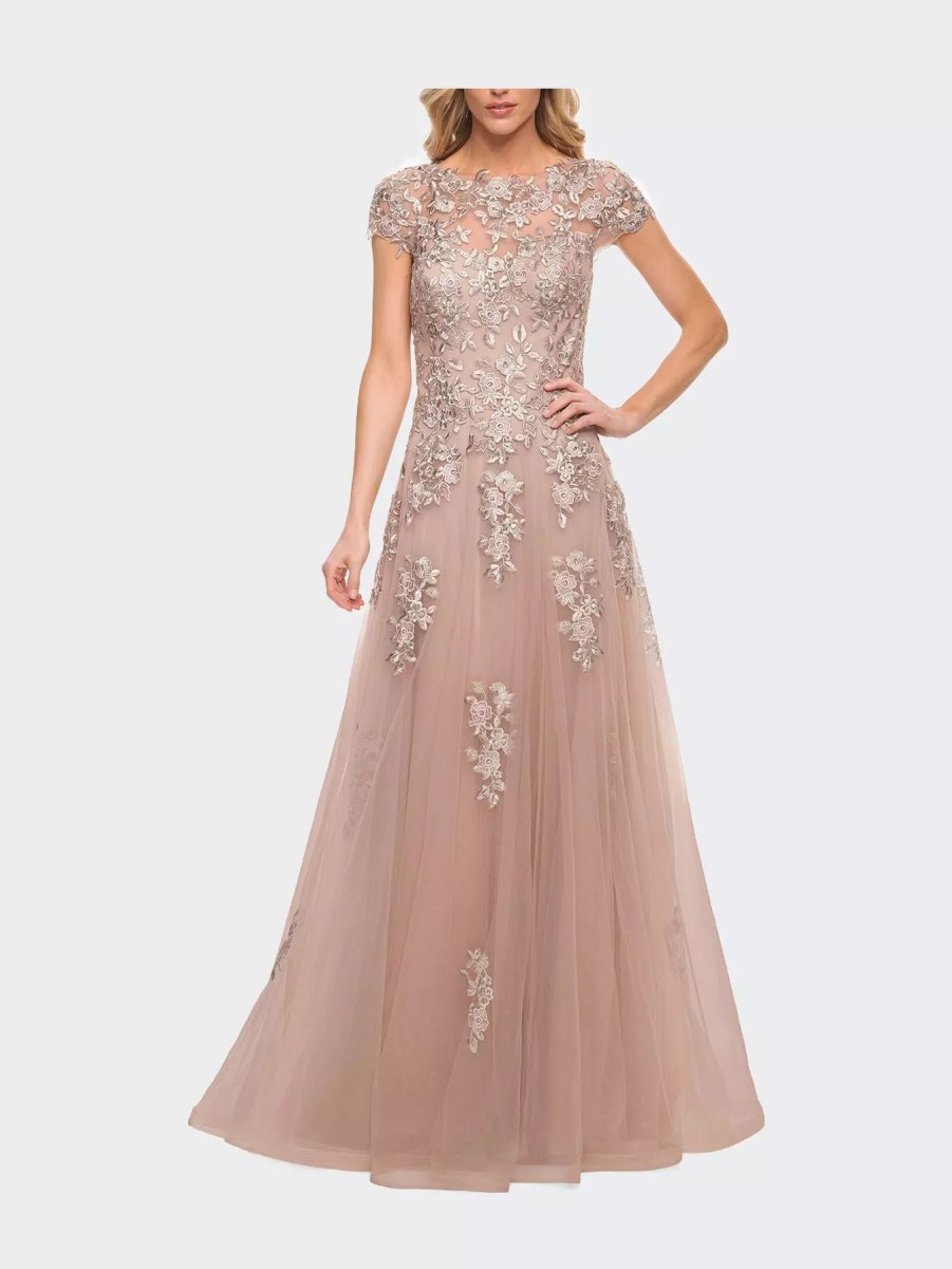 Dresses * | La Femme Gorgeous Lace And Tulle Gown With Full Skirt And Sleeves Blush