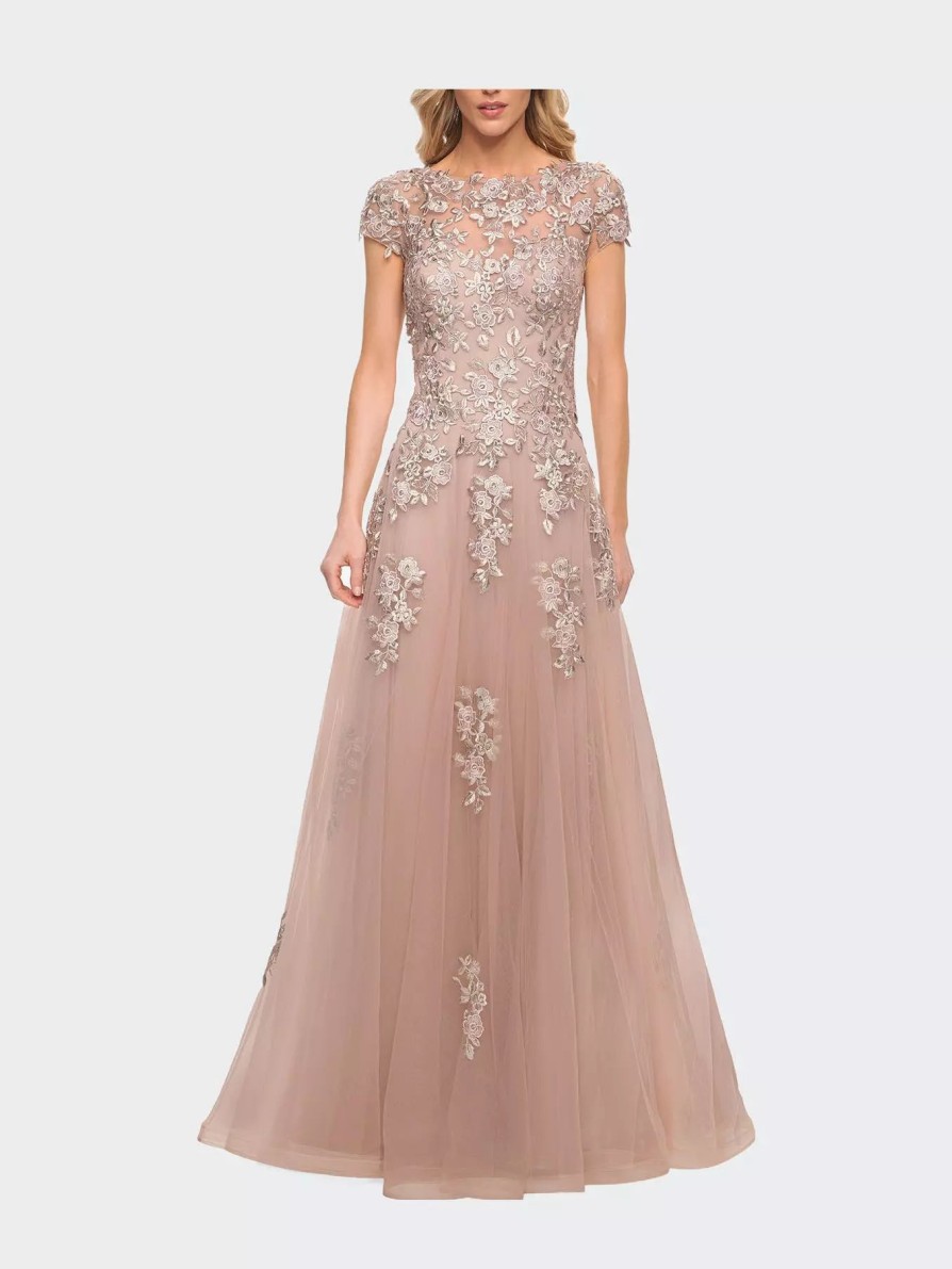 Dresses * | La Femme Gorgeous Lace And Tulle Gown With Full Skirt And Sleeves Blush