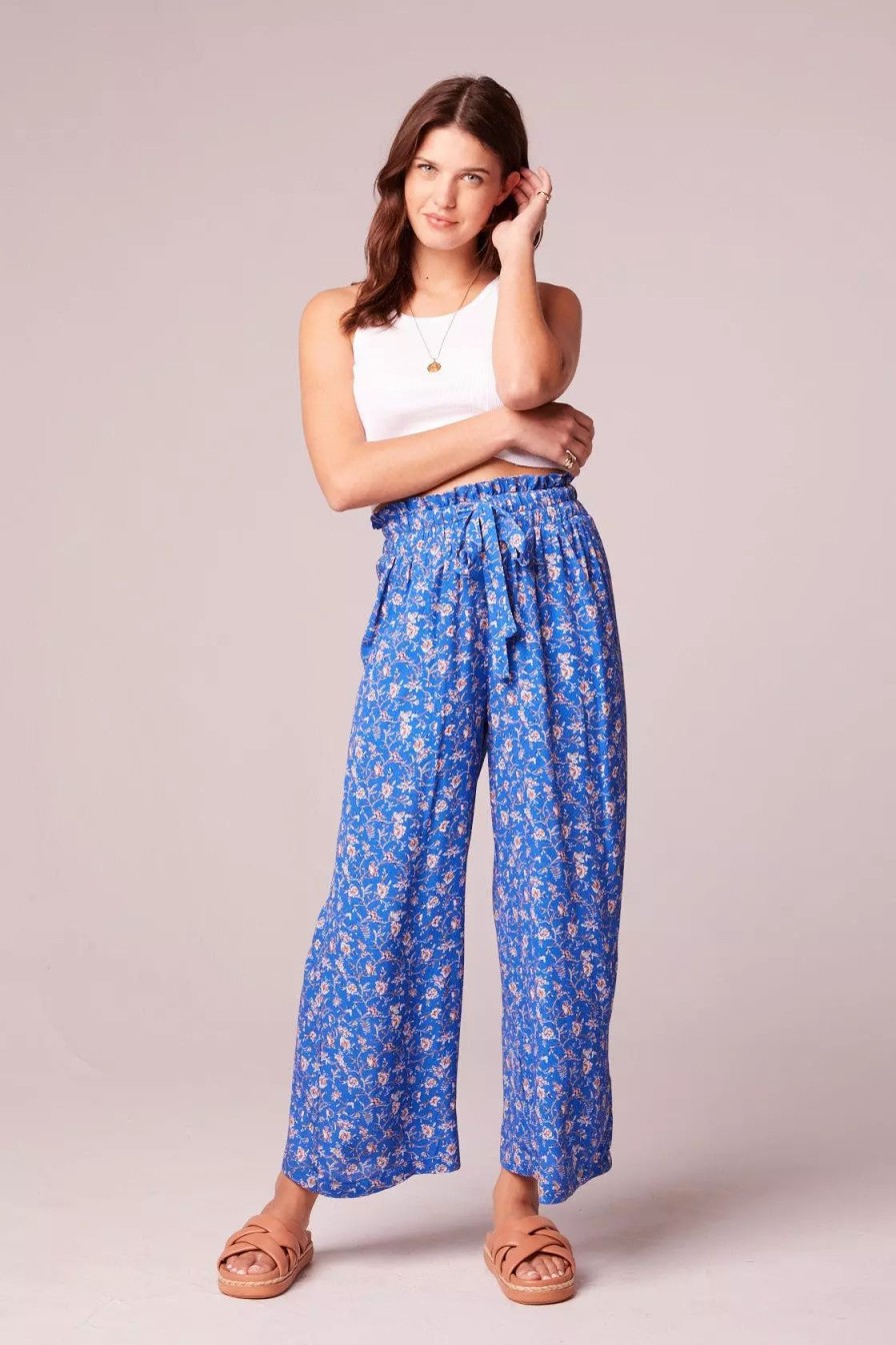 Bottoms * | B.O.G. Collective Amila Blue Floral Wide Leg Pants Blue/Ivory