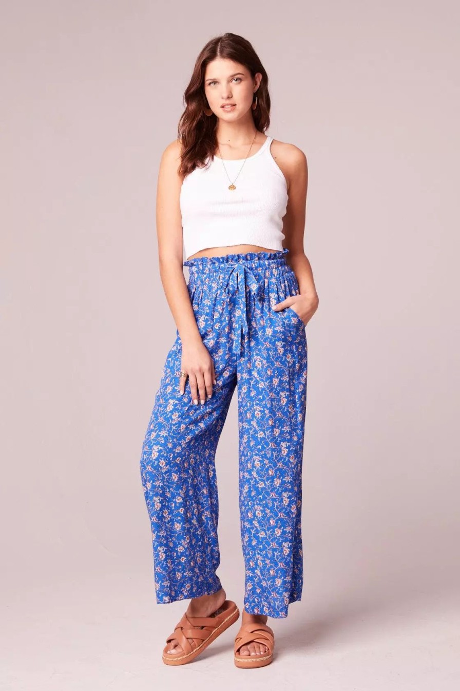 Bottoms * | B.O.G. Collective Amila Blue Floral Wide Leg Pants Blue/Ivory