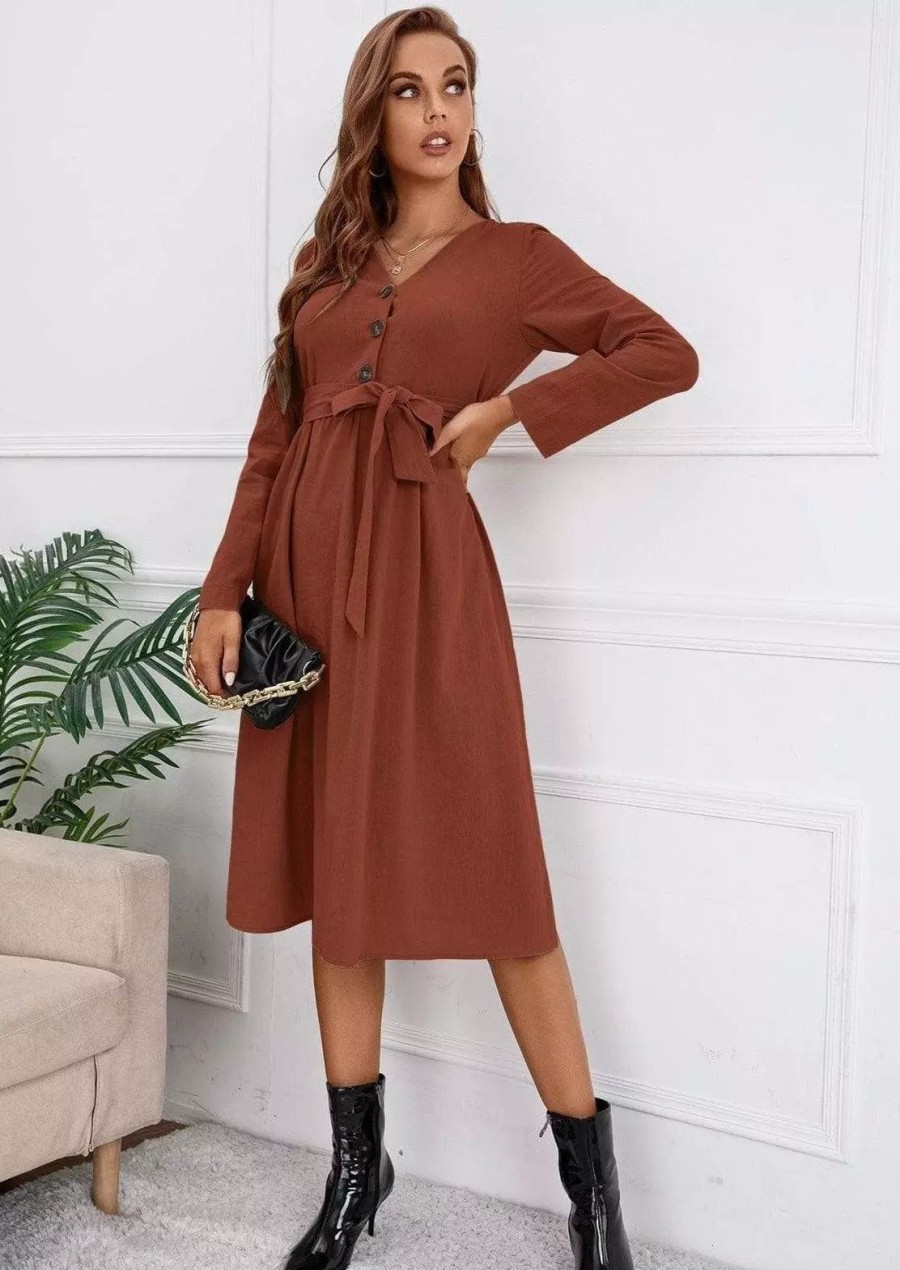 Dresses * | Anna-Kaci Solid Color Belted Dress