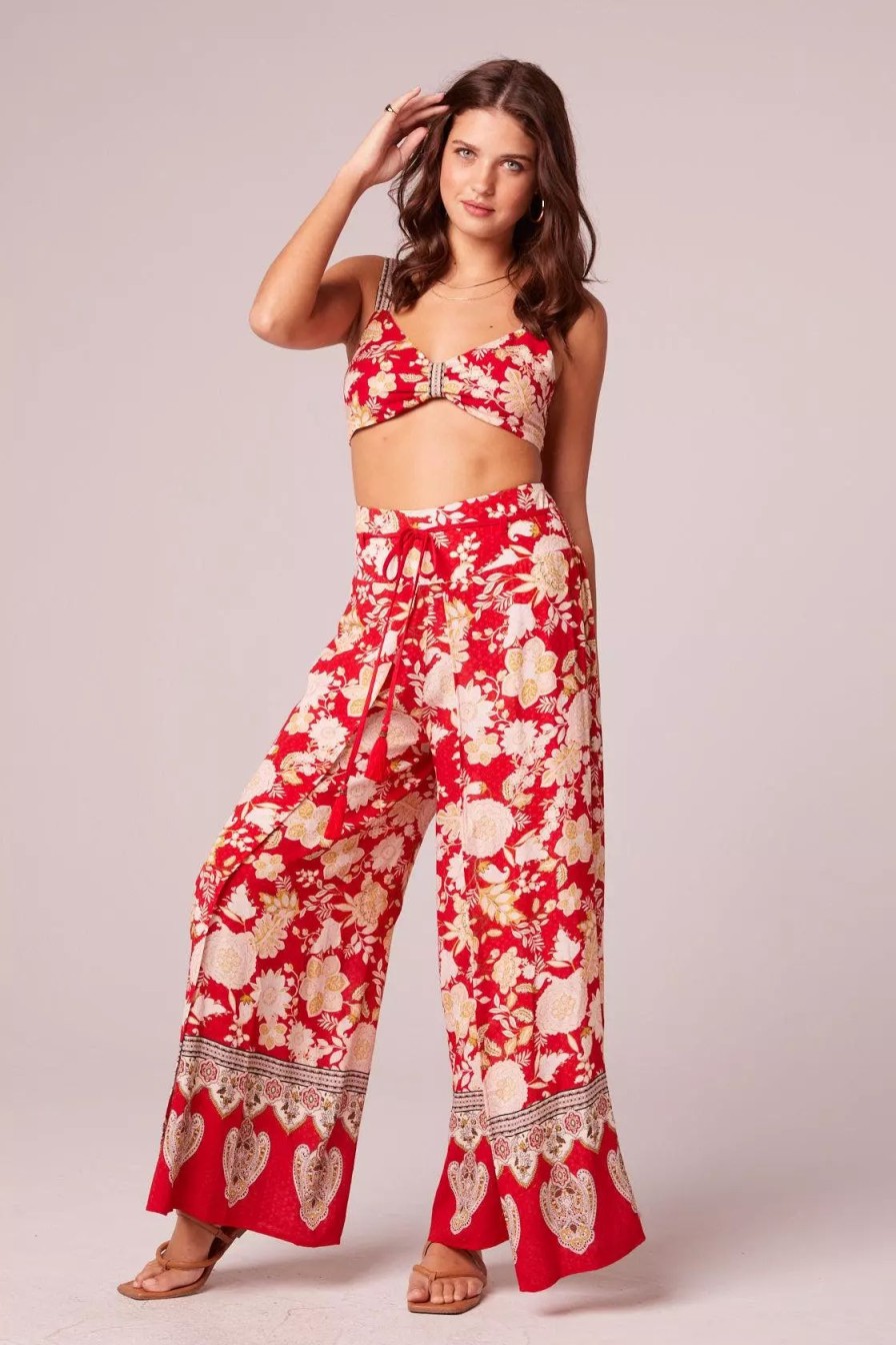 Bottoms * | B.O.G. Collective N The Road Red Floral Wide Leg Pants Red/Pale Blush