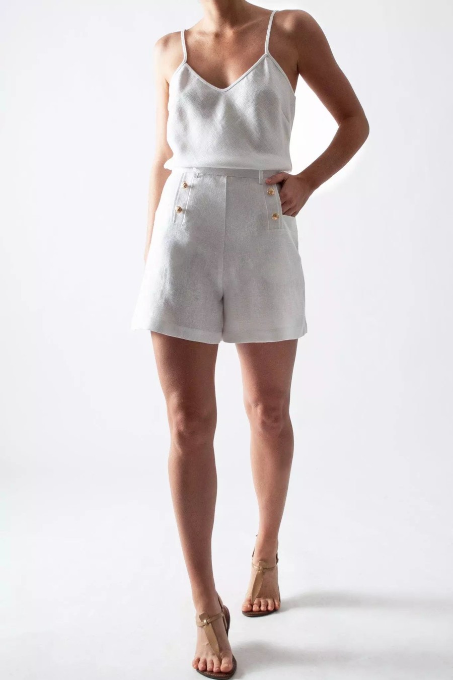 Bottoms * | Miguelina Giada Linen Flare Shorts Pure White