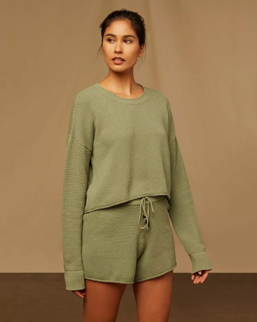 Sweatshirts & Sweaters * | Onia Cotton Waffle Cropped Crewneck Sweater Sage Green