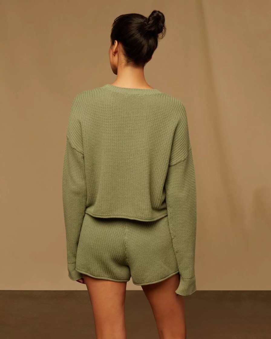 Sweatshirts & Sweaters * | Onia Cotton Waffle Cropped Crewneck Sweater Sage Green