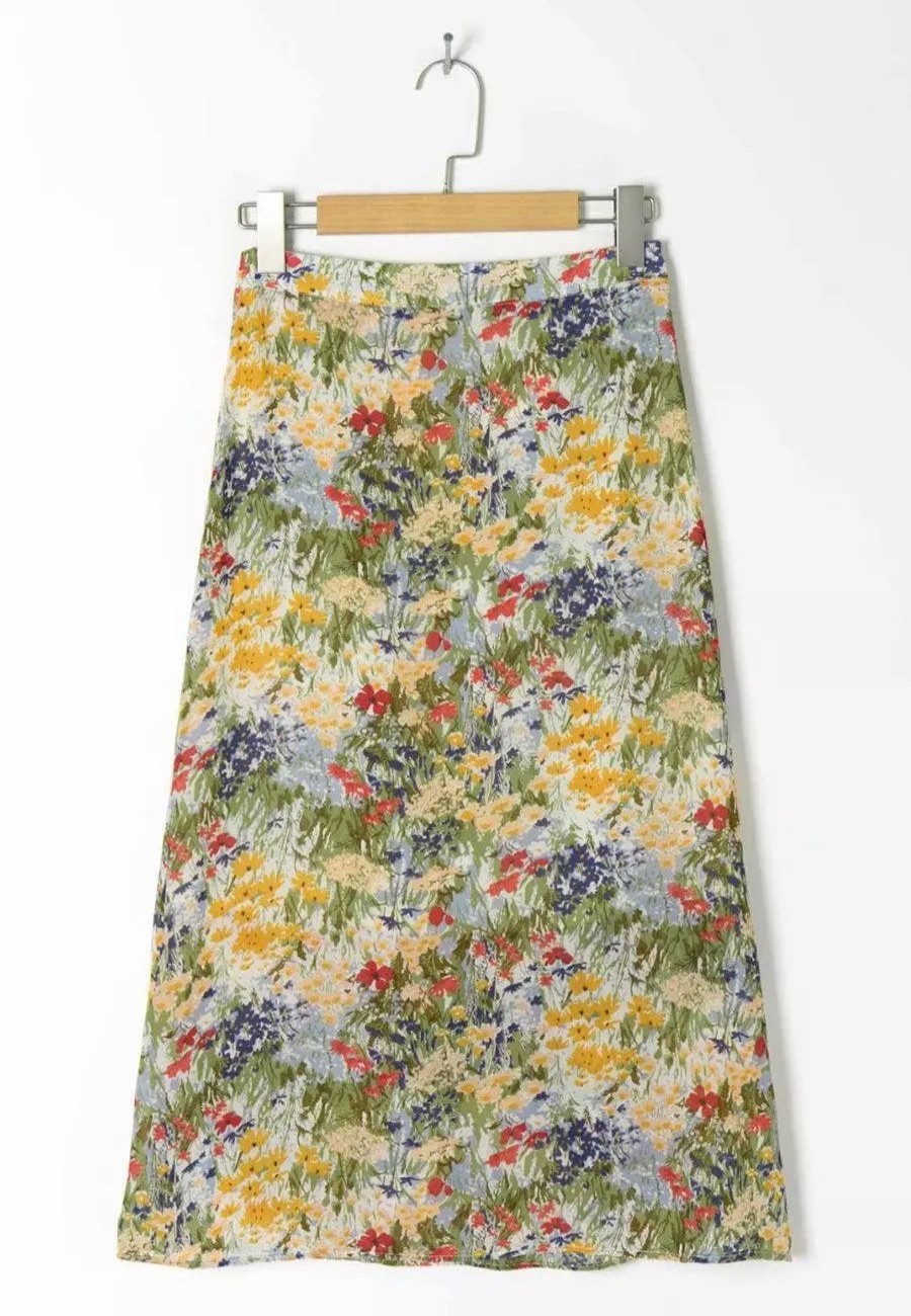 Skirts * | Anna-Kaci High Rise Floral Painted Printed Midi Slip Skirt Multi-Colored Floral