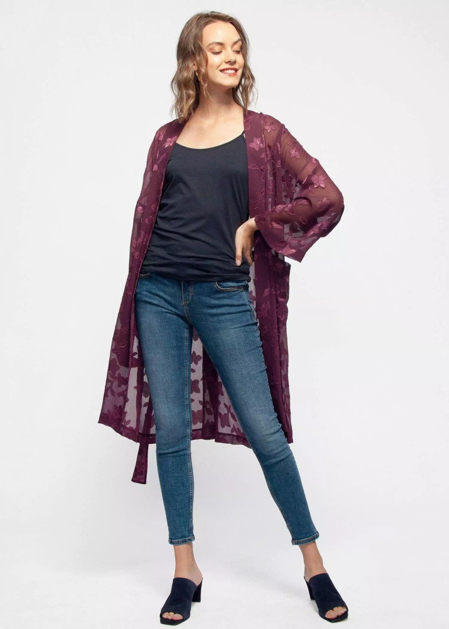 Sweatshirts & Sweaters * | Pleione Women'S Sheer Floral Embossed Robe Cardigan In Wine