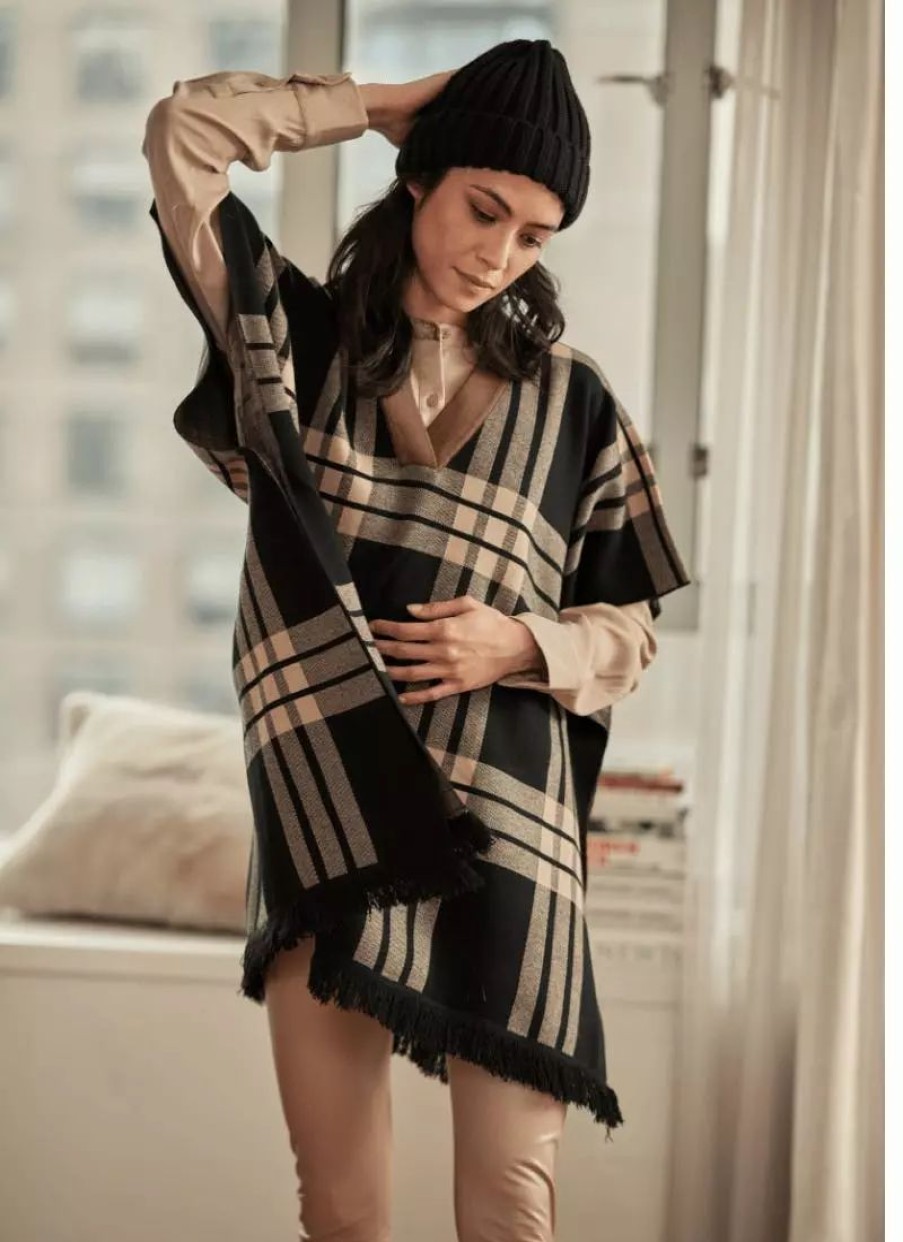 Sweatshirts & Sweaters * | Lysse Engineered Plaid Sweater Poncho Engineered Plaid Black