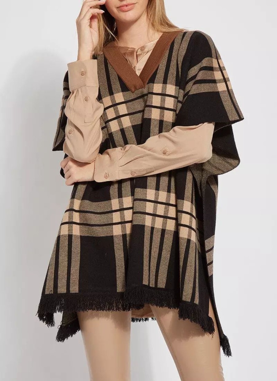 Sweatshirts & Sweaters * | Lysse Engineered Plaid Sweater Poncho Engineered Plaid Black