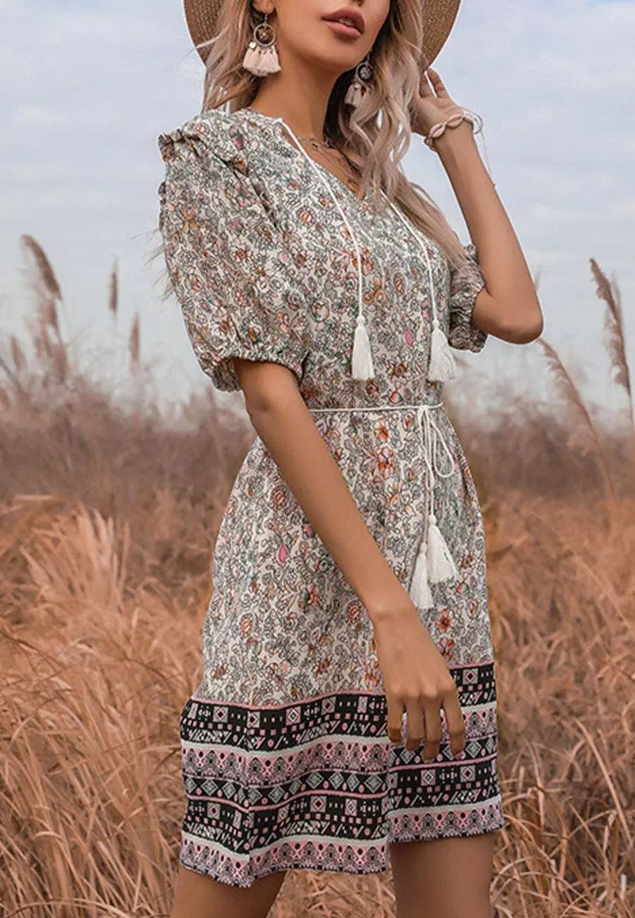 Dresses * | Anna-Kaci Tassel Tie Detail Boho Dress Green