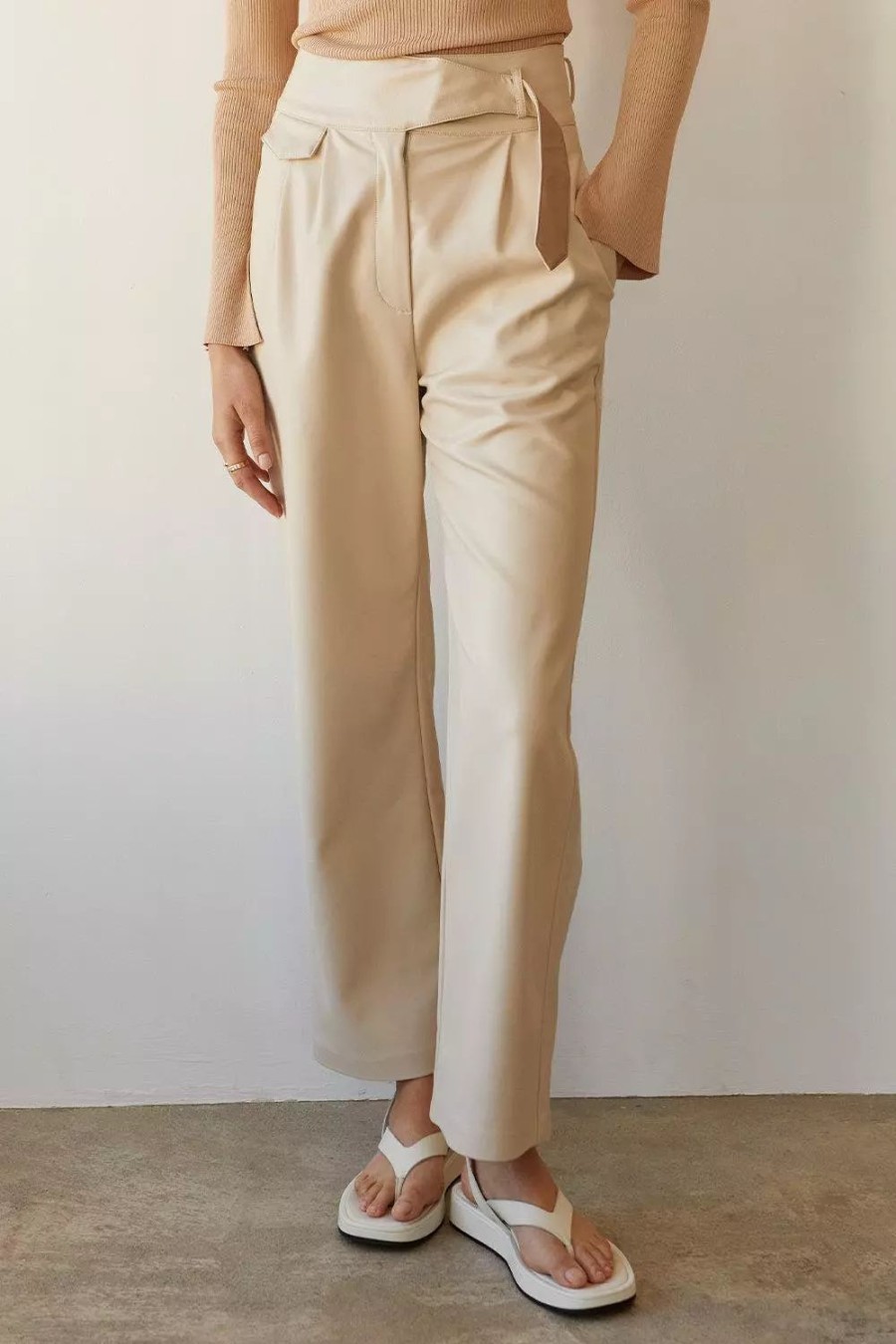 Bottoms * | Crescent Zoya Vegan Leather Wide Leg Pants Bone