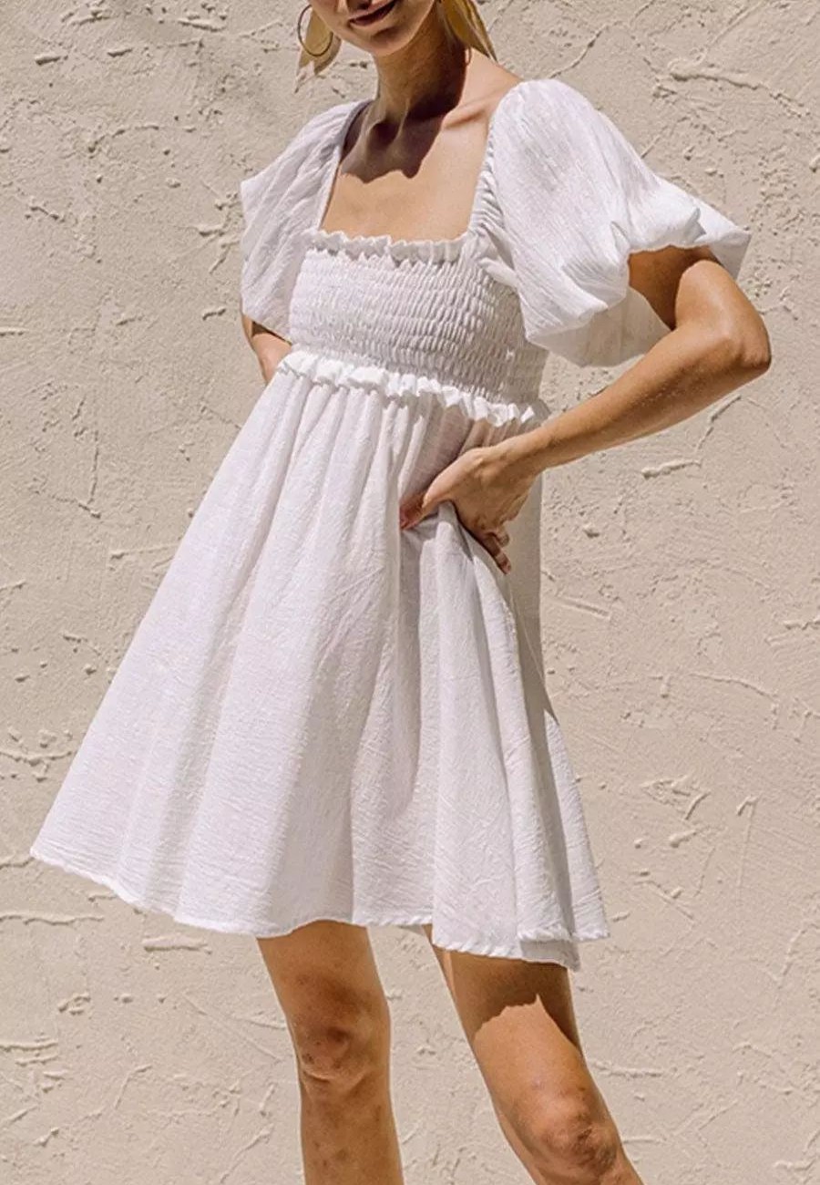 Dresses * | Anna-Kaci Square Neck Shirred Puff Sleeve Dress White