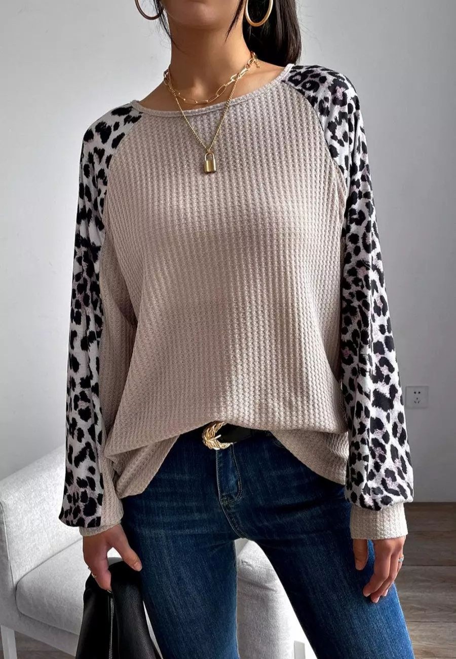 Sweatshirts & Sweaters * | Anna-Kaci Waffle Knit Leopard Fall Sweater Beige