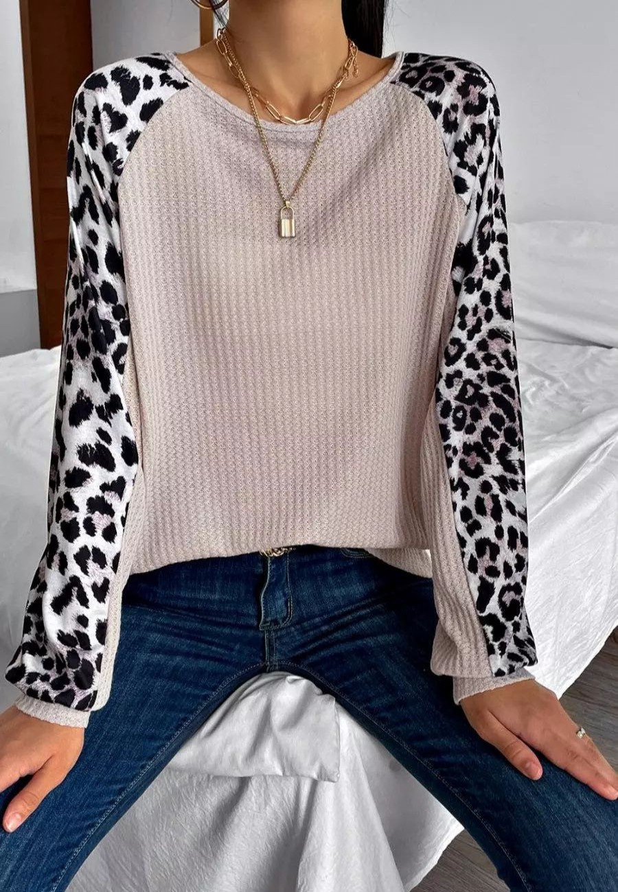 Sweatshirts & Sweaters * | Anna-Kaci Waffle Knit Leopard Fall Sweater Beige