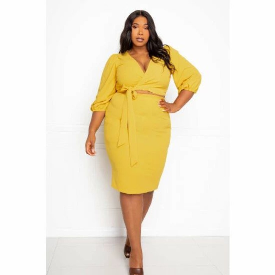 Skirts * | Buxom Couture Everyday Cropped Top And Skirt Set Skirts Mustard Yellow