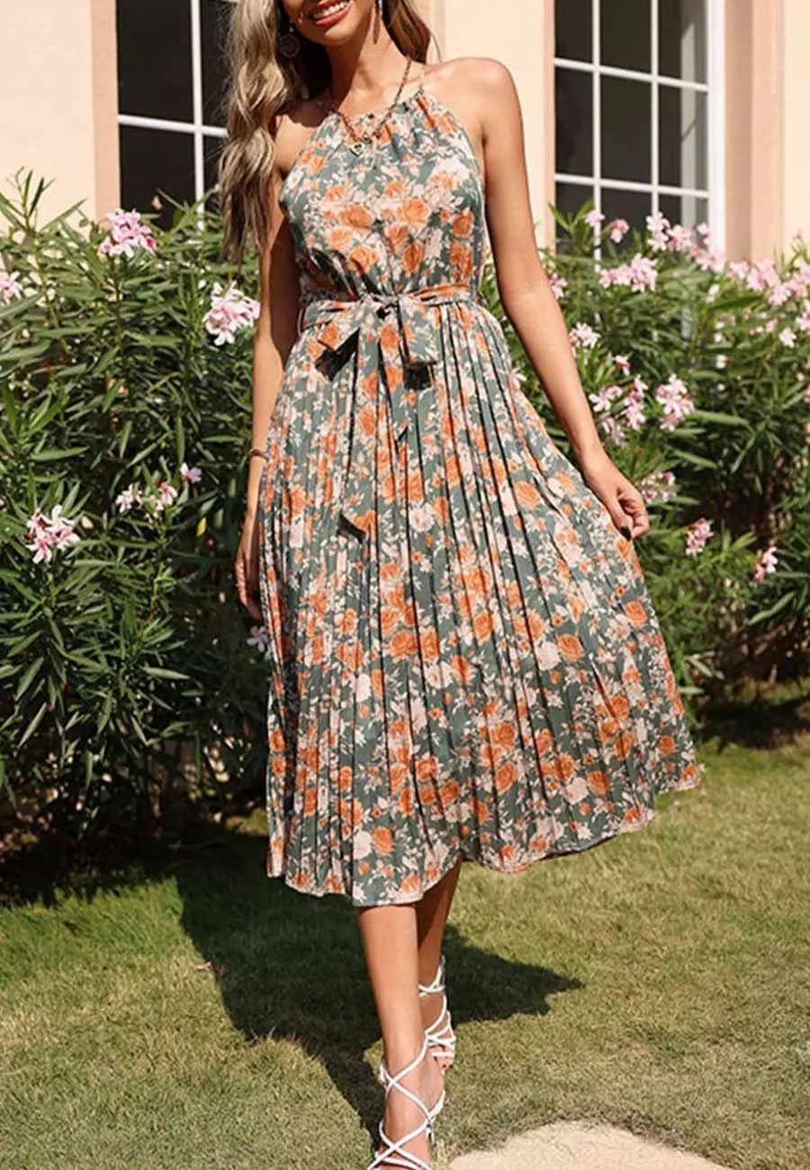 Dresses * | Anna-Kaci Vintage Floral Pleated Dress Green