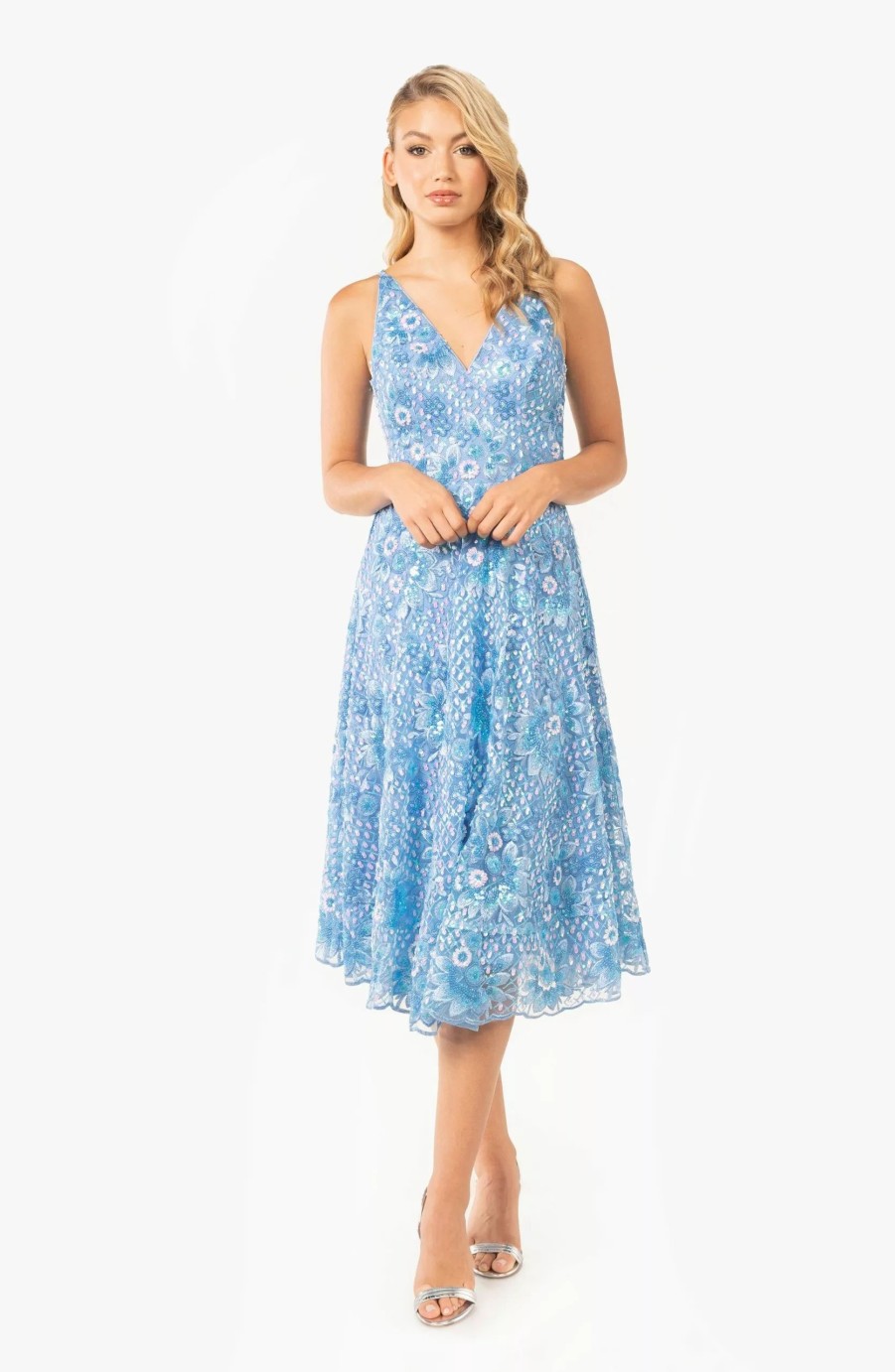 Dresses * | Dress The Population Elisa Sky Blue Midi Dress Sky Multi