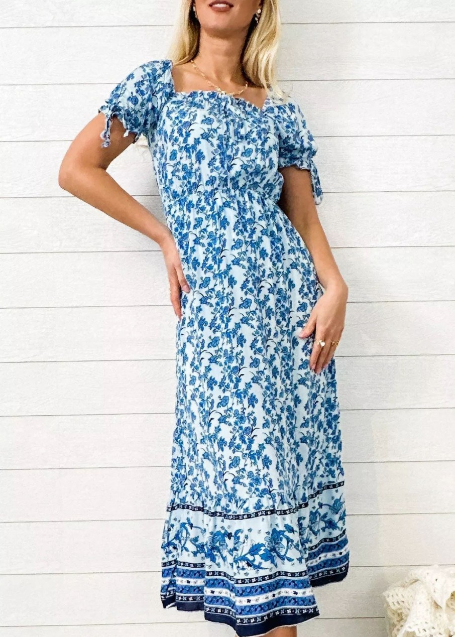 Dresses * | Anna-Kaci Puff Sleeve Boho Print Dress Blue