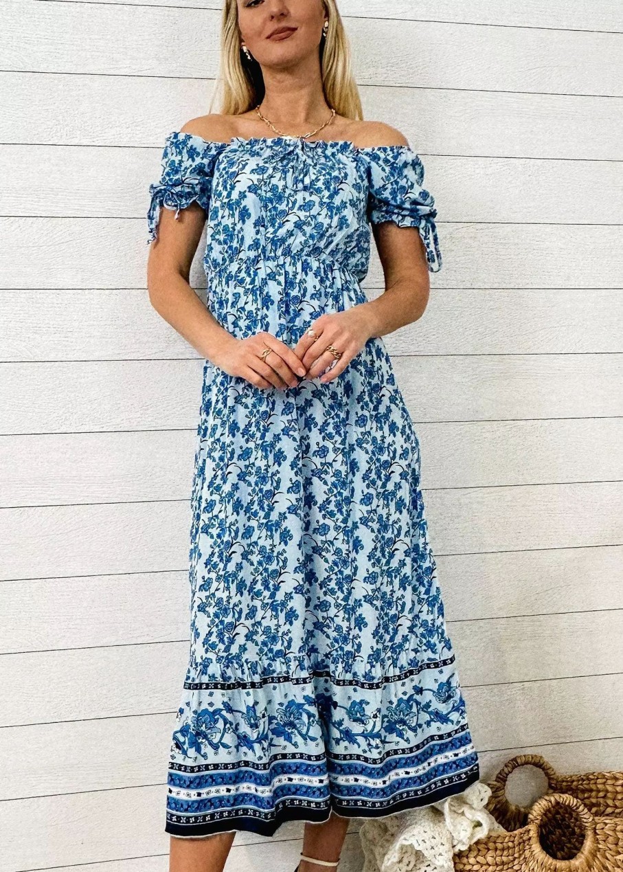 Dresses * | Anna-Kaci Puff Sleeve Boho Print Dress Blue