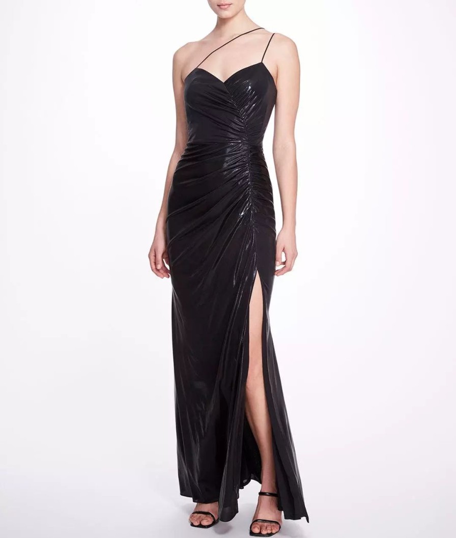 Dresses * | Marchesa Notte Ruched Lame Gown Black