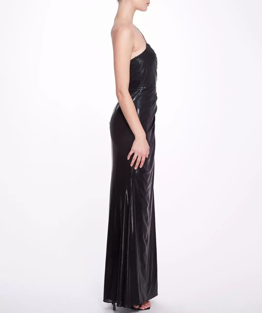 Dresses * | Marchesa Notte Ruched Lame Gown Black