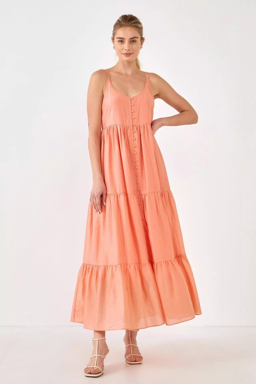 Dresses * | Endless Rose Button Detail Tiered Midi Dress Coral