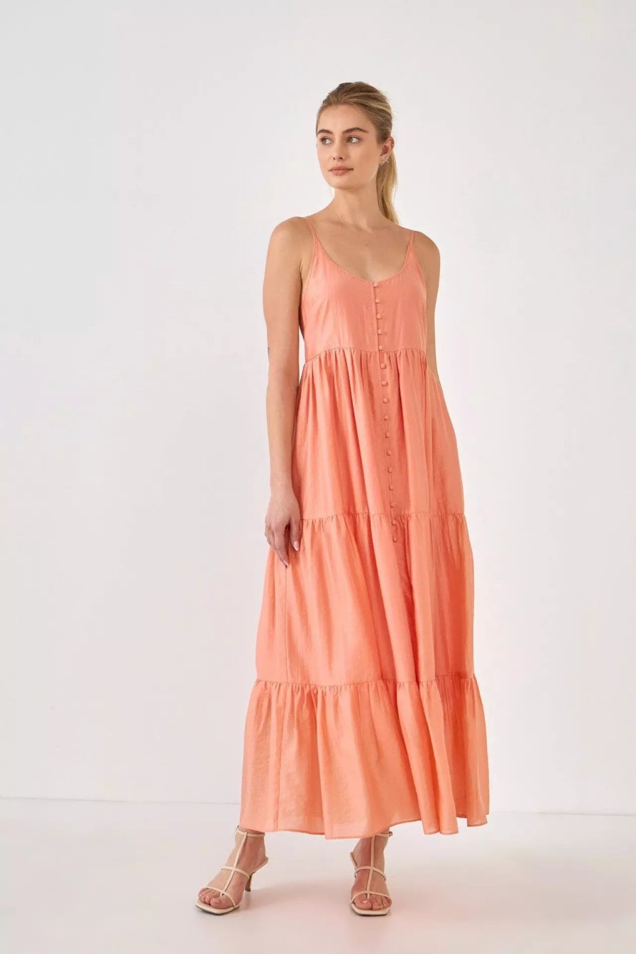 Dresses * | Endless Rose Button Detail Tiered Midi Dress Coral