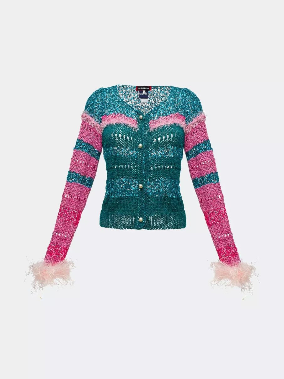 Sweatshirts & Sweaters * | Andreeva California Sundown Handmade Knit Sweater With Feathers Multicolor