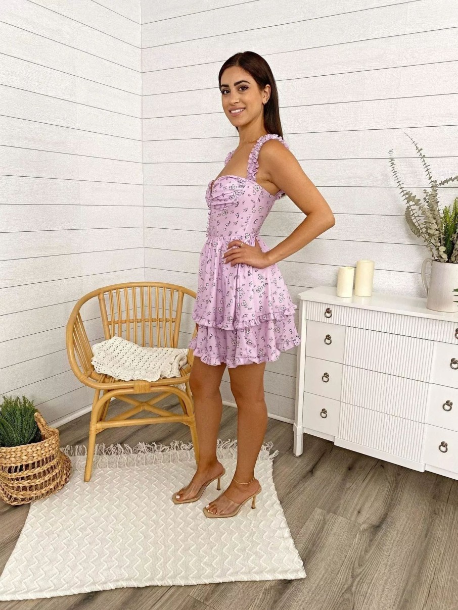 Dresses * | Anna-Kaci Ruffled Tiered Off-The-Shoulder Ruched Dress Lilac Floral Print