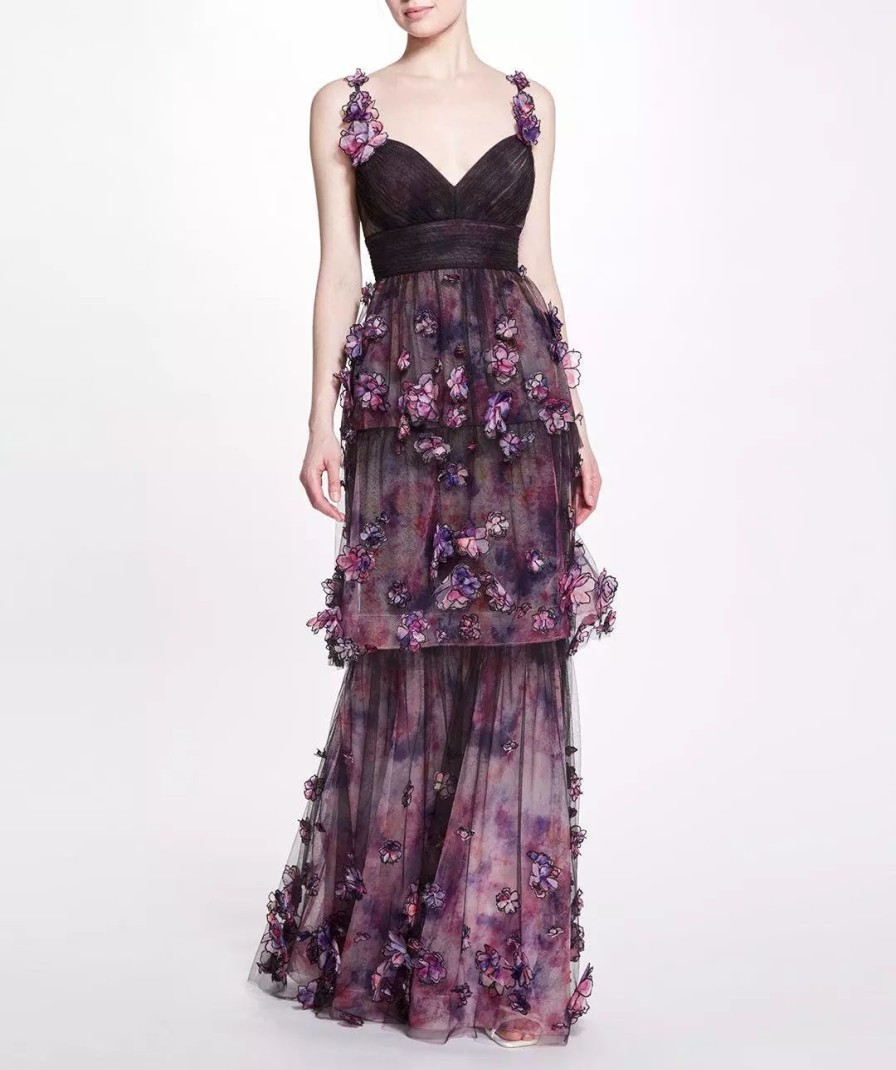 Dresses * | Marchesa Notte Ombre Tulle Gown Black Multi