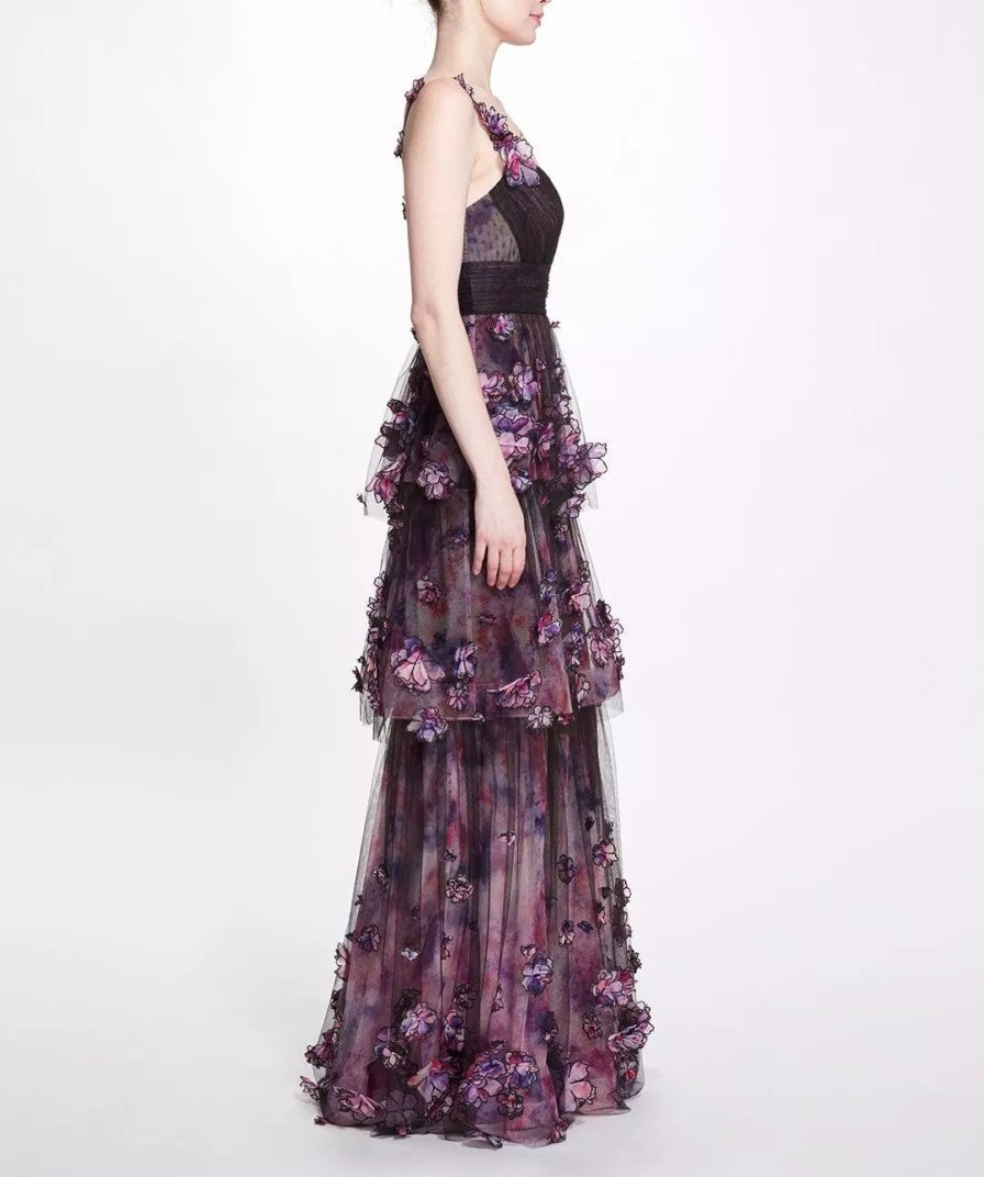 Dresses * | Marchesa Notte Ombre Tulle Gown Black Multi