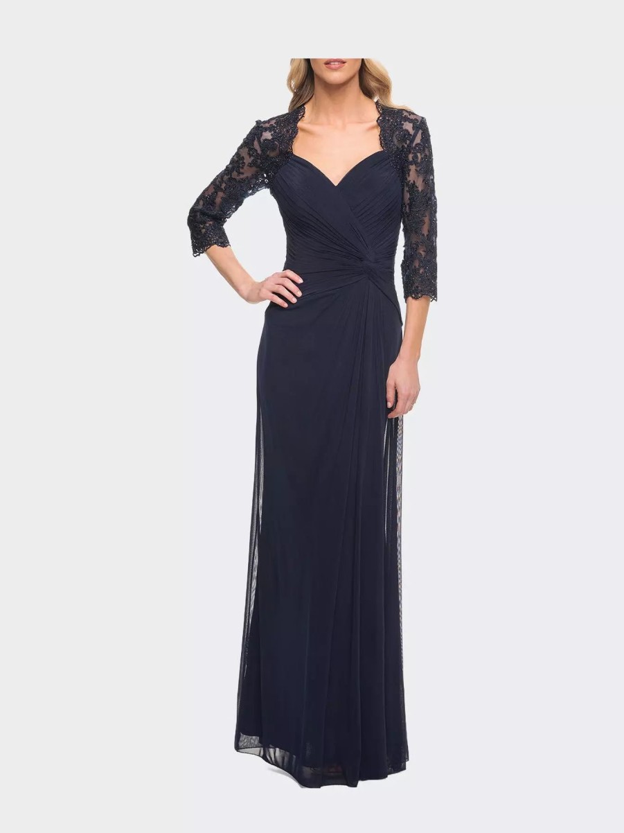 Dresses * | La Femme Jersey Gown With Knot Detail And Lace Sleeves