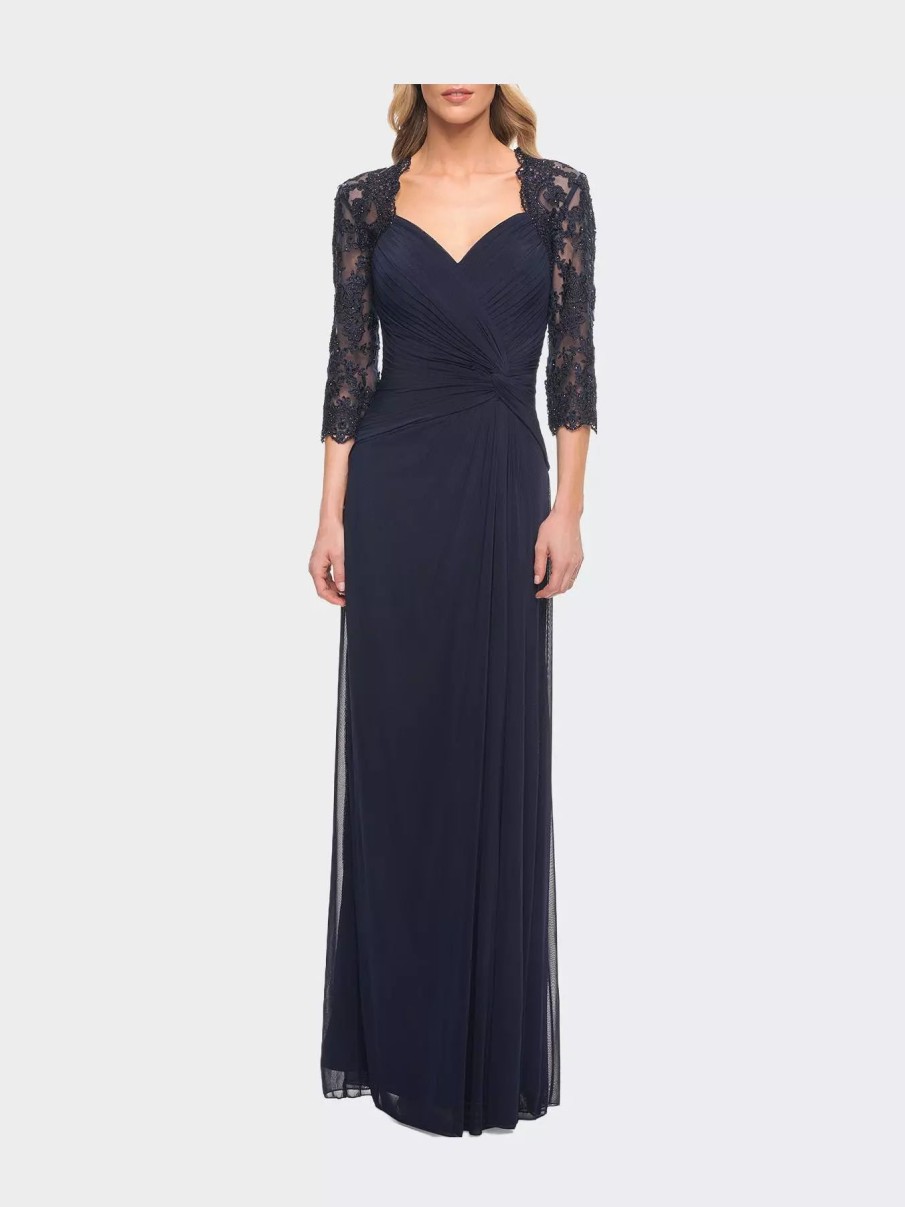 Dresses * | La Femme Jersey Gown With Knot Detail And Lace Sleeves