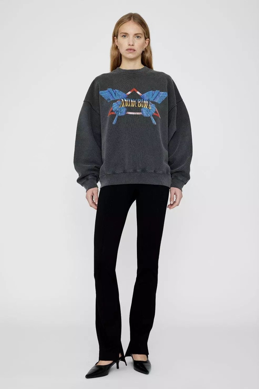 Sweatshirts & Sweaters * | Anine Bing Harvey Crew Butterfly Sweatshirt Washed Black